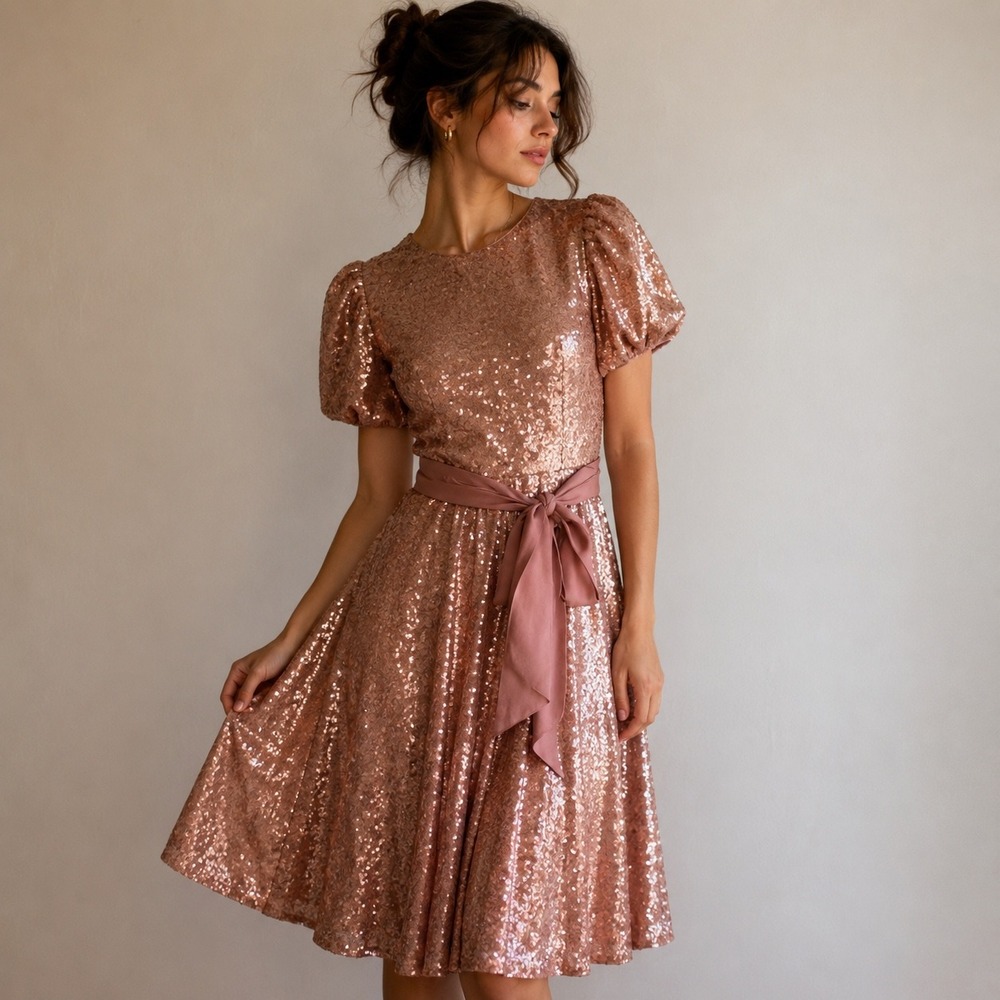 Sequined Rose Gold Midi Dress with Sash